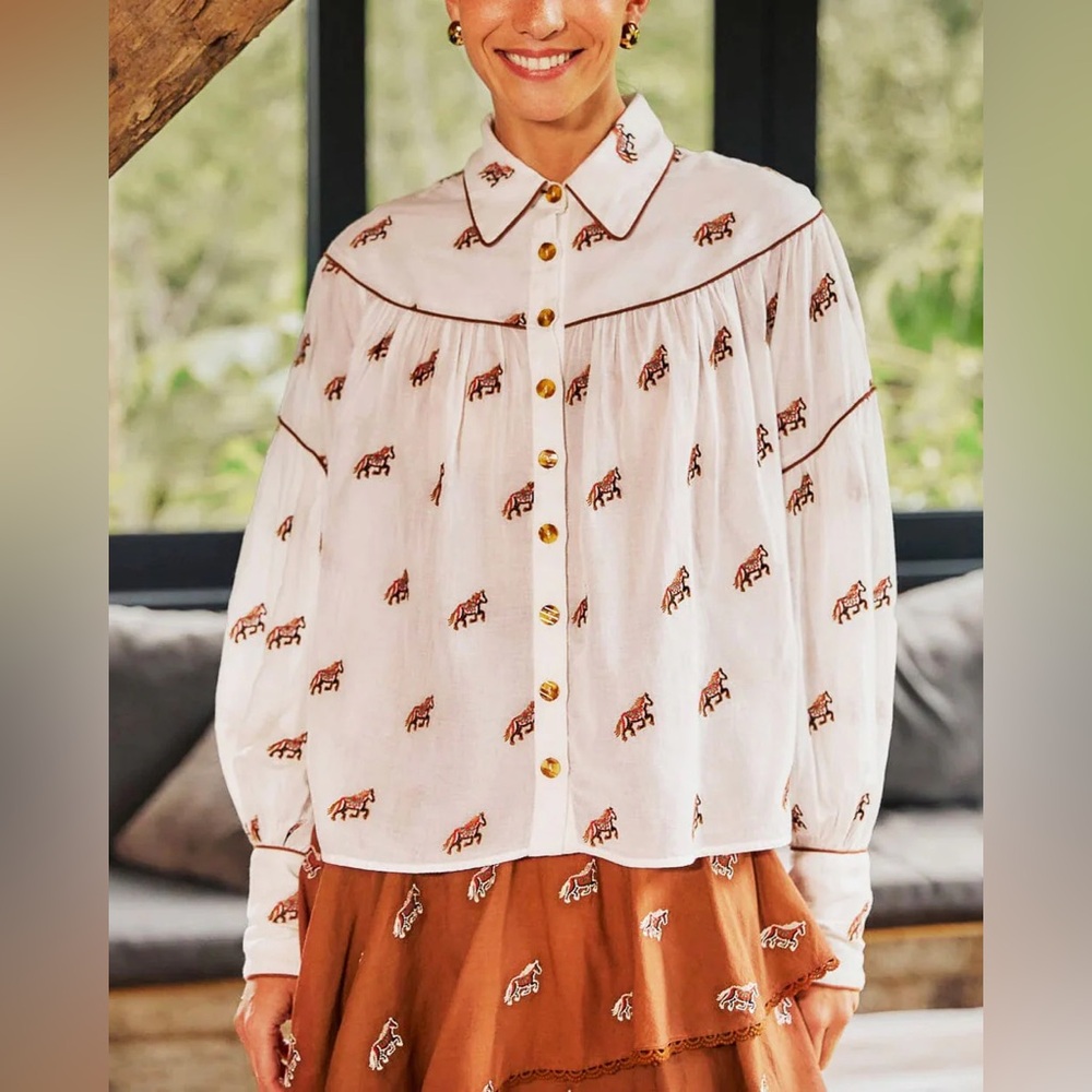 Farm Rio Off-White Embroidered Horses Long Sleeve Blouse
